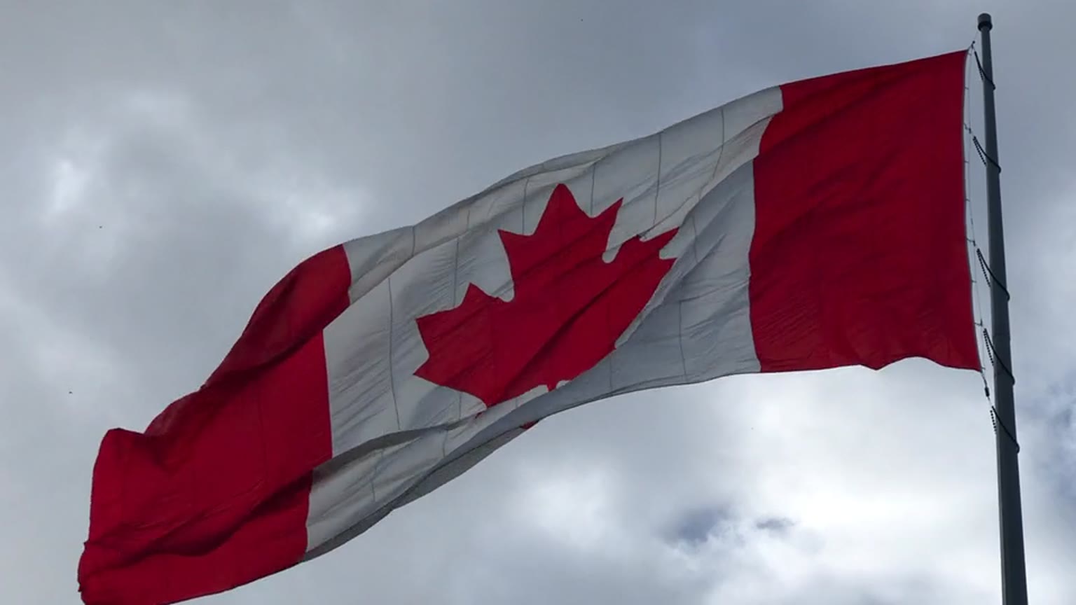 The Canadian flag waving against the sky